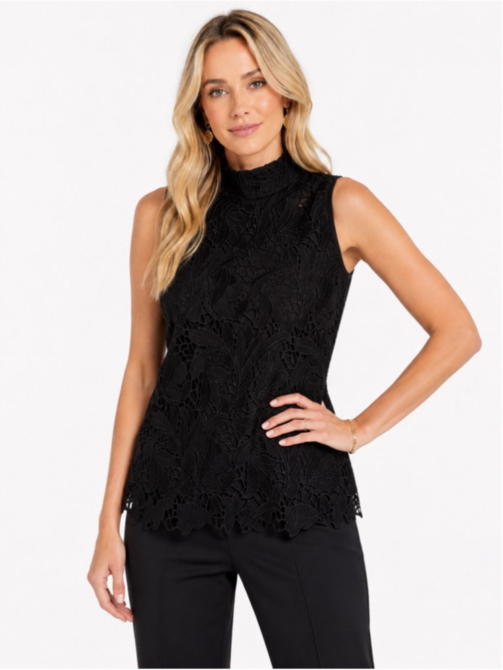 Ann Taylor Black Lace Front Sleeveless Top Size L